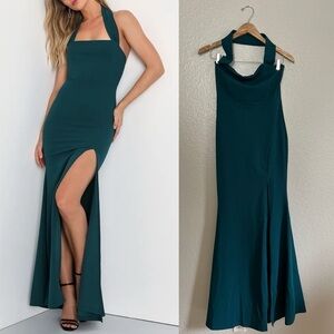 Elegant Behavior Emerald Green Halter Mermaid Maxi Dress!